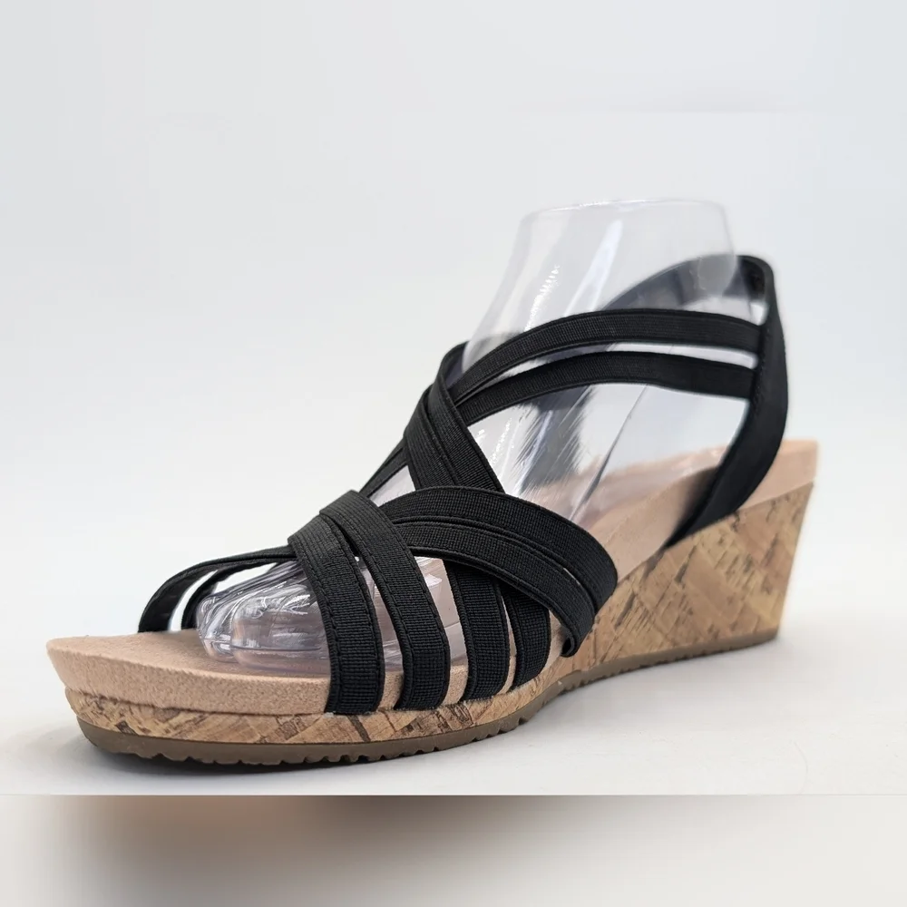 Life Stride Mallory Sz 9M Women's Black Elastic Straps Cork Texture Wedge Sandal